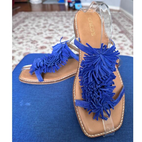 Chico's Blue Suede Del Ray Flat Slip-On Sandals with PomPoms & Wooden Heel - Picture 1 of 6